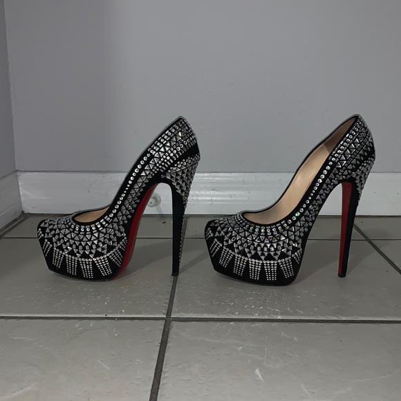 Christian Louboutin Black Suede Decora Strass Heel - Picture 1 of 7